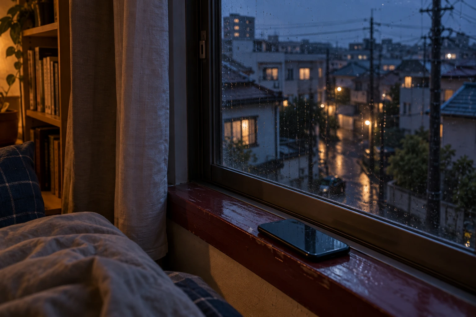 雨の窓と夜の街の灯り、窓辺の暗いスマートフォンを描いた写真調イメージ