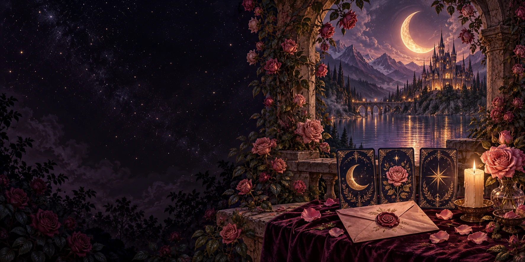 月夜の薔薇のアーチと、封蝋の手紙、星を飾ったカードの創作イラスト