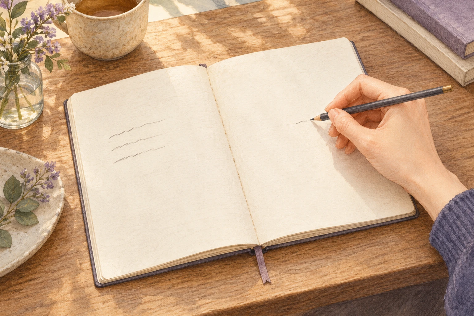 開いたノートの左ページを読み返し、右ページに鉛筆で書き足す手元のイメージ図