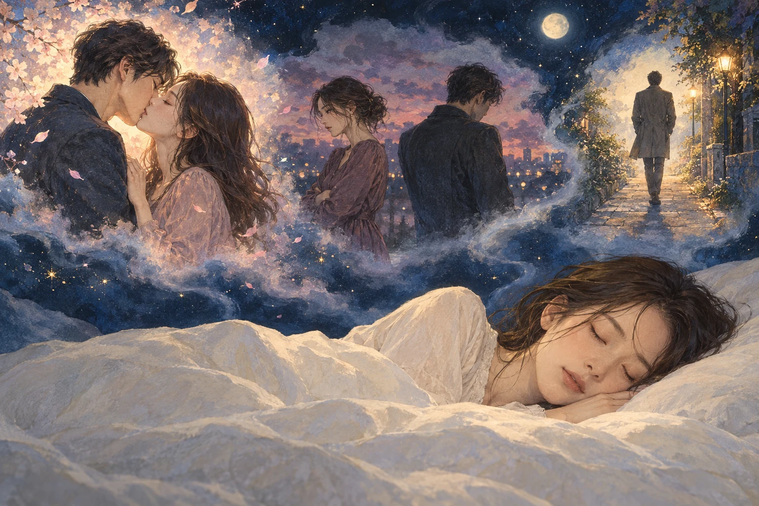 眠る女性の上に、キスをする二人、言い争ったあとの二人、遠ざかるかつての恋人を描いた夢のイラスト。