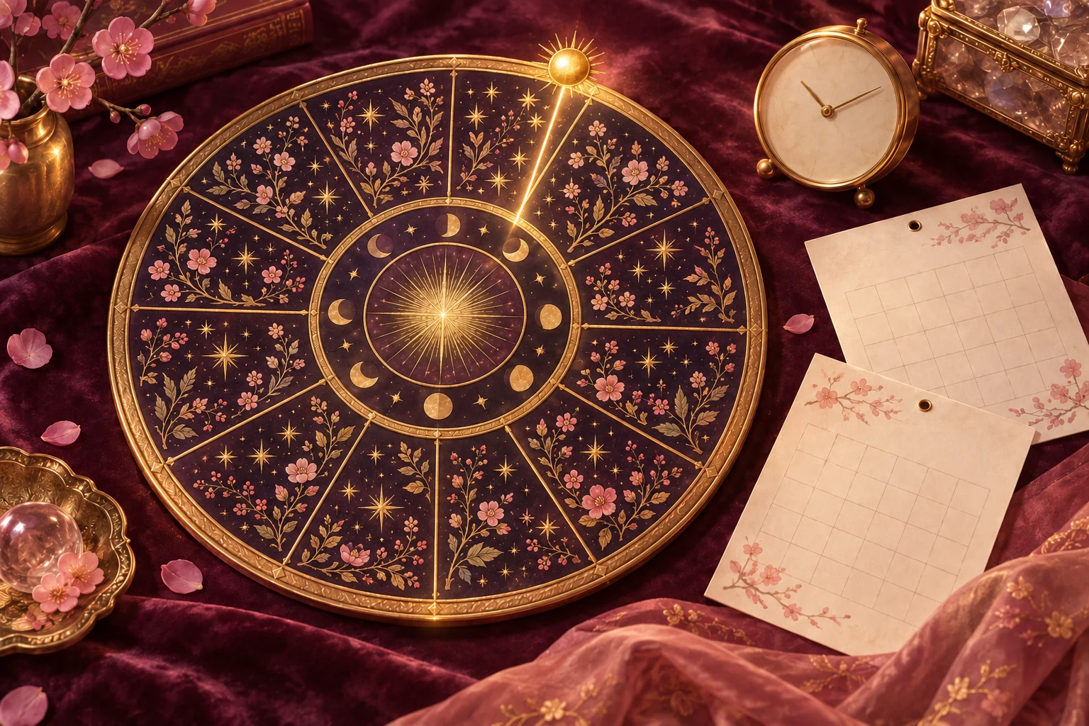 十二の区画を持つ金色の装飾輪と小さな太陽、数字のない暦と時計のイラスト